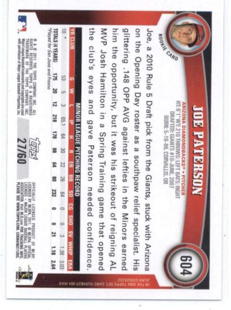 2011 Topps Black #604 Joe Paterson Arizona Diamondbacks MLB Baseball Card /60 NM-MT