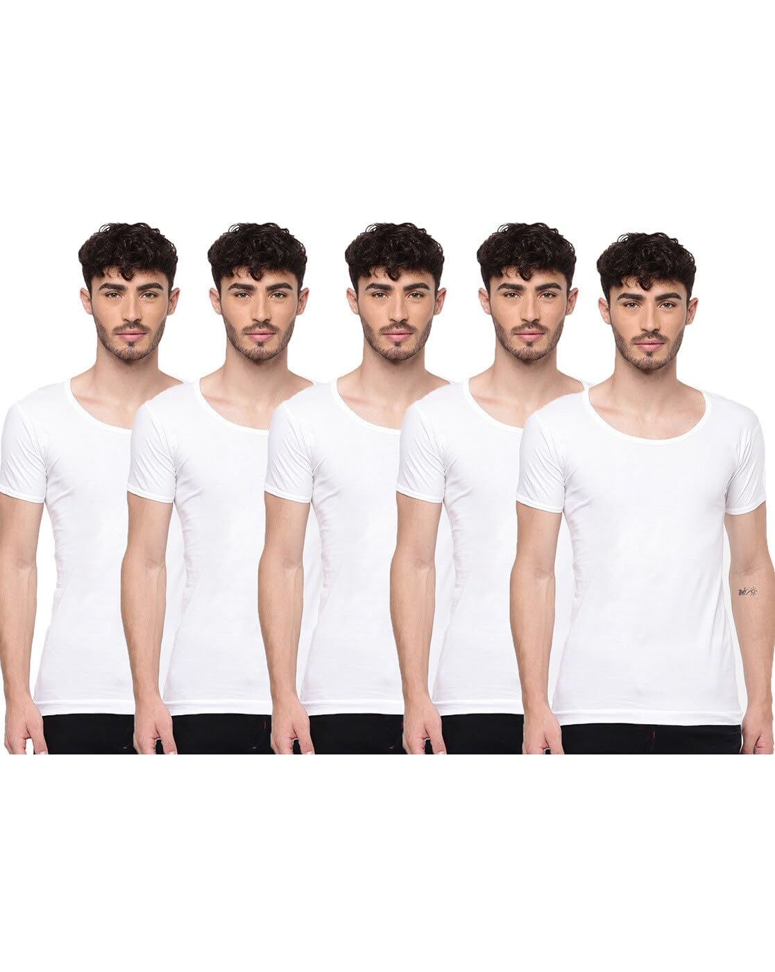 Pack of 5 Men's White Round Neck Half Sleeve Cotton Undershirt Vest (White;80)
