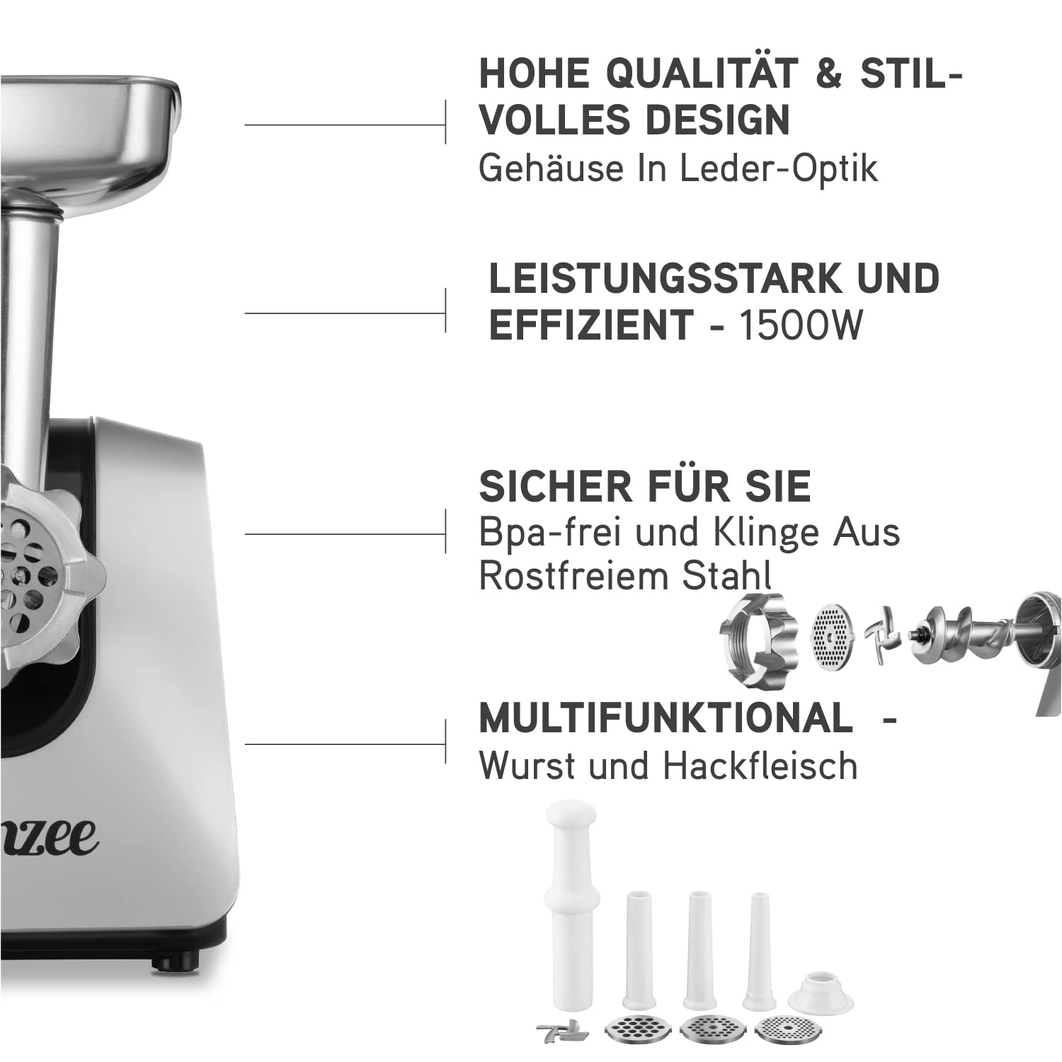 Twinzee - Elektrischer Fleischwolf mit Wurstfüller, Schwarz - Für Fleisch und Wurst - Küchenmaschine, Fleischwolf mit 3 Lochscheiben und 3 Wurstaufsätze