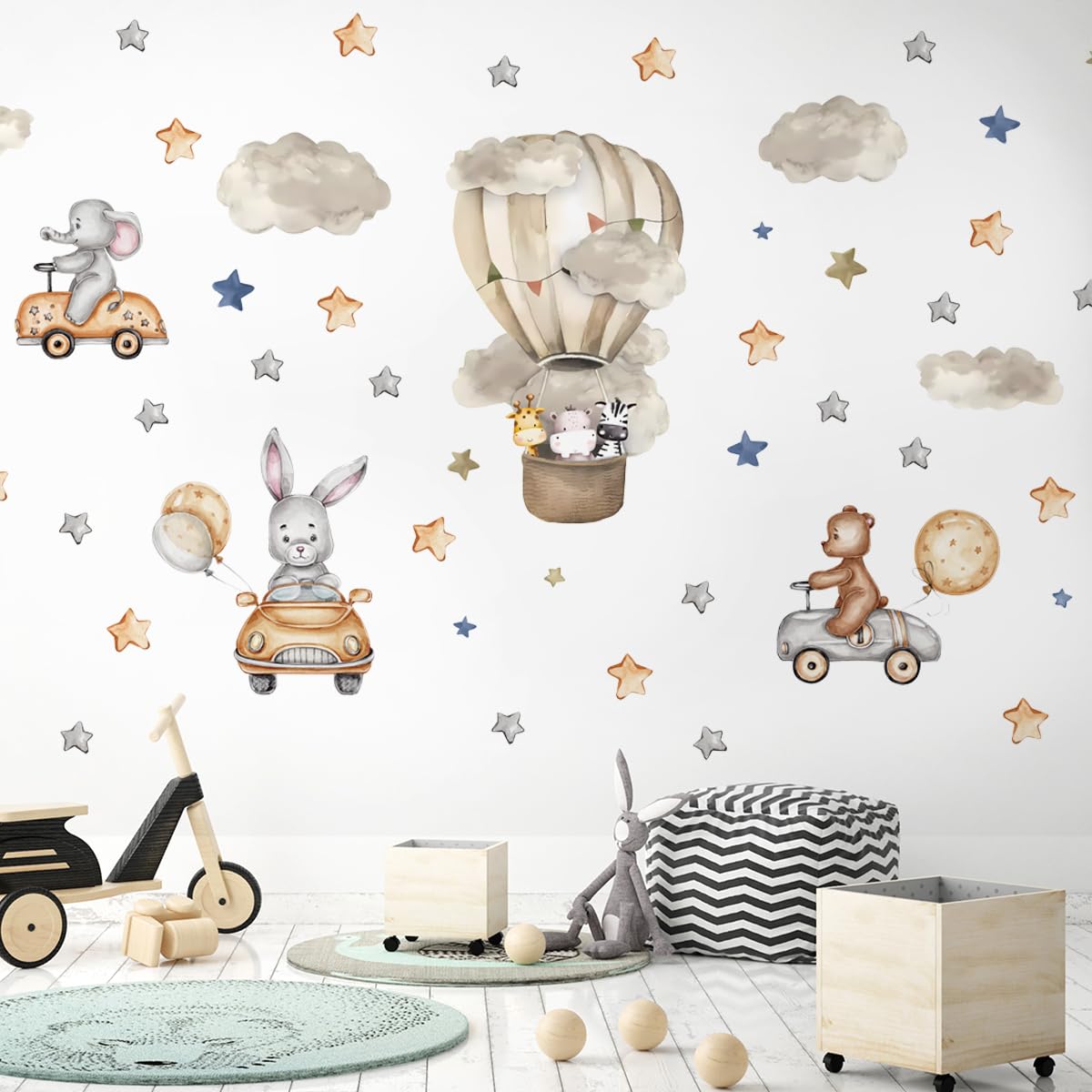 Kibi Adesivi Murali Bambini Animali in Mongolfiera e Auto, Stelle e Nuvole, Tema Nursery, 90x30cm