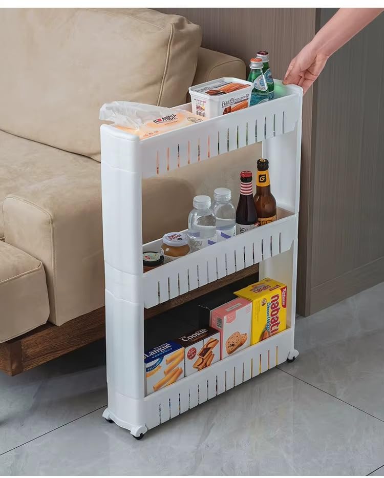 Image of JD FRESH 3-Tier Slim Rolling Storage Organizer Rack /Fridge Side Storage Rack /Plastic Trolley Storage Stand with Wheels /Floor Standing Cabinet for Bathroom and Kitchen Corner Area (White)