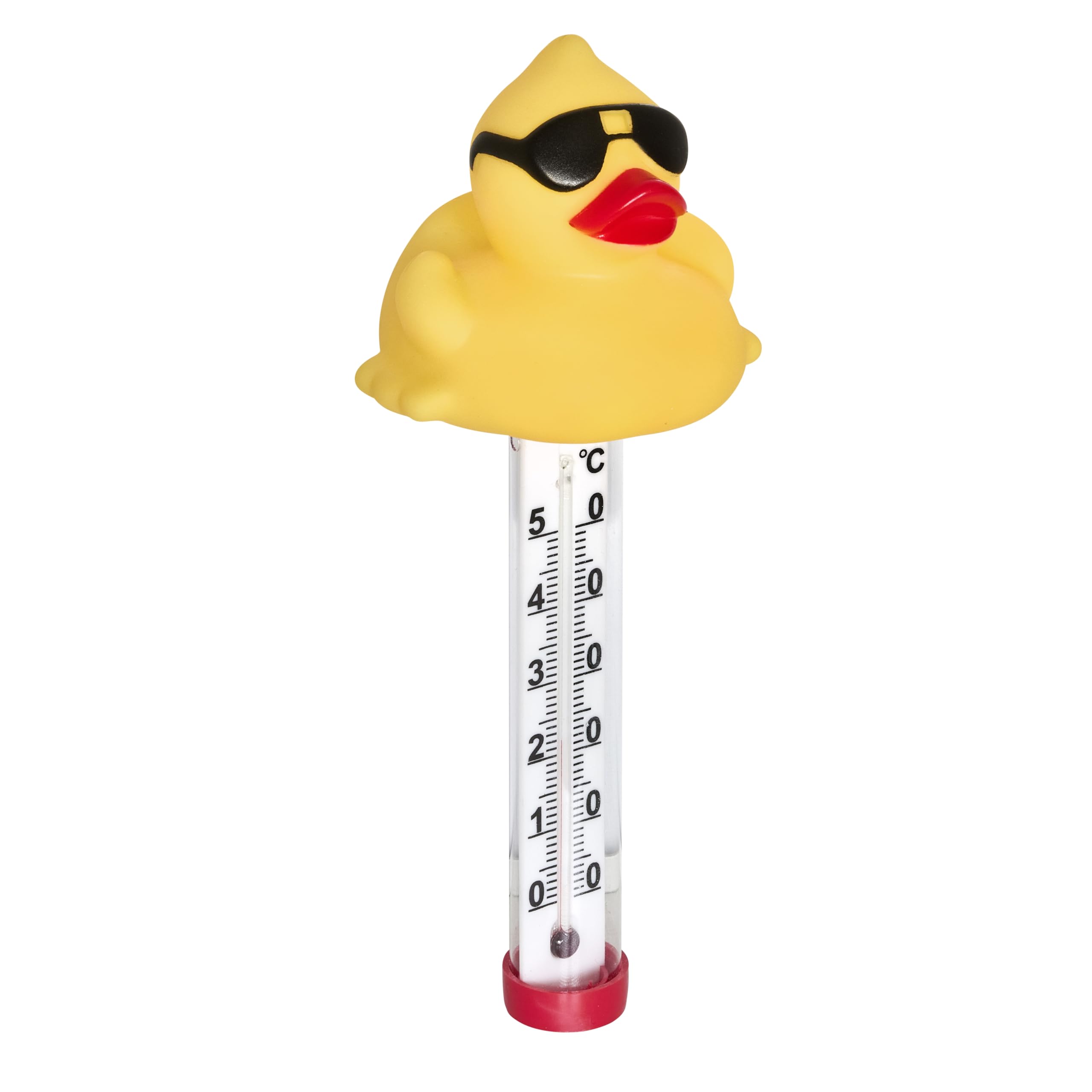 TFA Dostmann Analoges Poolthermometer mit Badeente schwimmend, 40.2006, für Pool, Teich, Whirlpool, Eisbaden, witzig, für Garten, mit Befestigungsleine, Wassertemperatur messen, rot, gelb