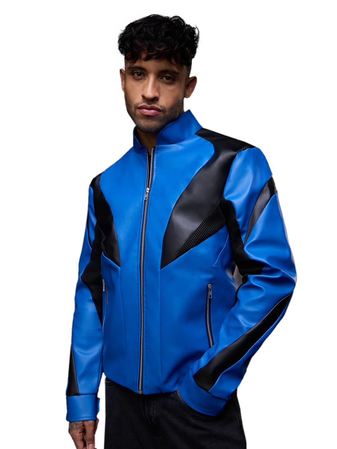 the souled store Biker Jacket: Blue Ranger Men and Boys Full Sleeves Mock Collar Blue and Black Colour-Block Polyester Regular Fit Breathable Zippered Closure Winter Biker Jacket-picture-14