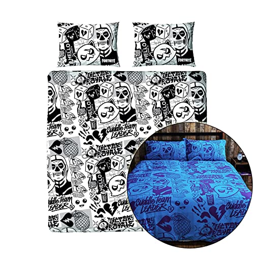 Fortnite Funda de edredón oficial con diseño de Fanzine, color gris, reversible, de 2 caras, producto oficial con funda de almohada a juego (doble)