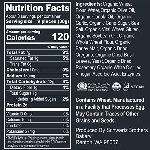Schwartz Brothers Bakery, Bagel Chips, Garlic & Herb, Organic, Kosher, Artisanal, Vegan. Freshly baked 8oz container (Pack of 3)
