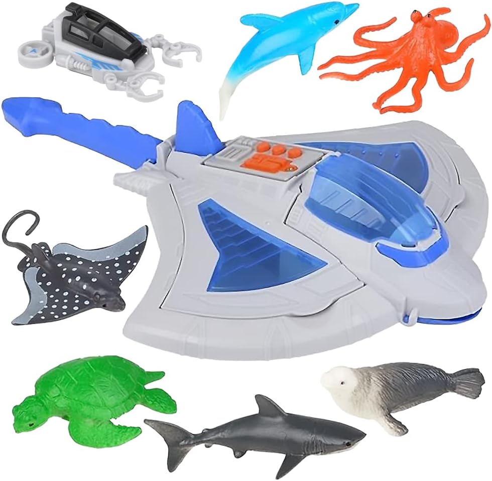 ArtCreativity Sting Ray Transporter Set, Includes 1 Stingray Toy with Sounds and 7 Sea Creatures, Interactive Ocean Toys for Kids, Sea Animal Toys for Kids and Underwater Party Supplies