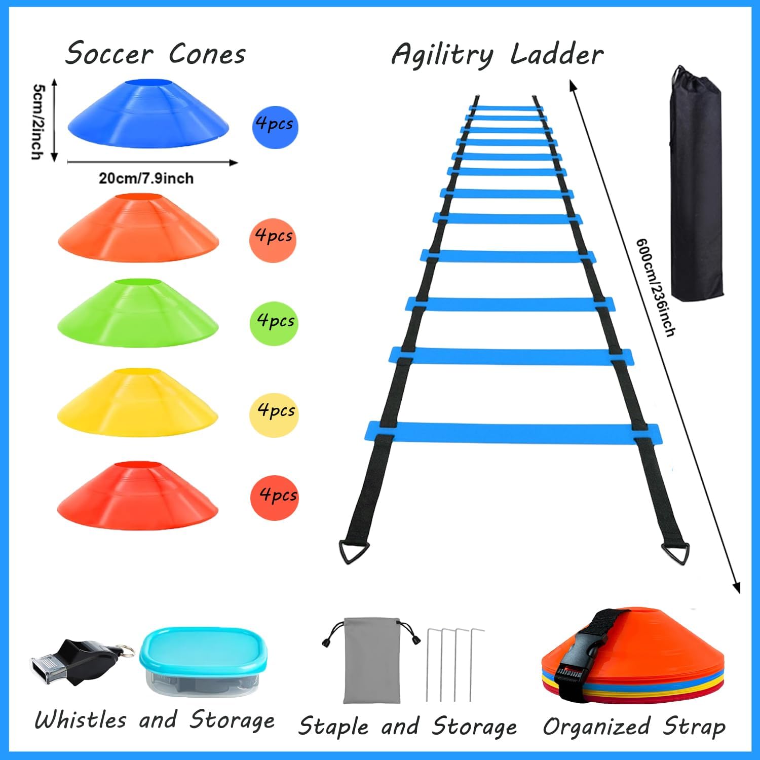 Soccer Agility Training Equipment Set, Includes 1 Agility Ladder, 20 Soccer Cones, 4 Steel Stakes,Whistles and Gym Carry Bag - Speed Training Equipment for Soccer Football Basketball
