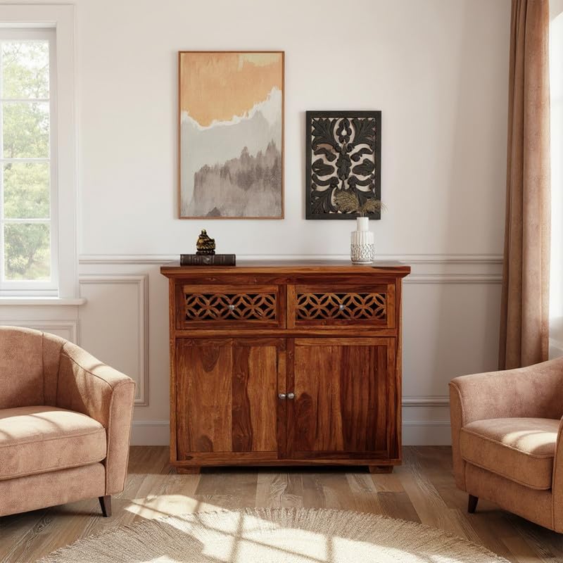 Image of Amazon Brand - Solimo Solid Sheesham Wood Malta Sideboard Cabinet with 2 Drawer and 2 Door Storage for Living Room Home and Office (Honey Finish)
