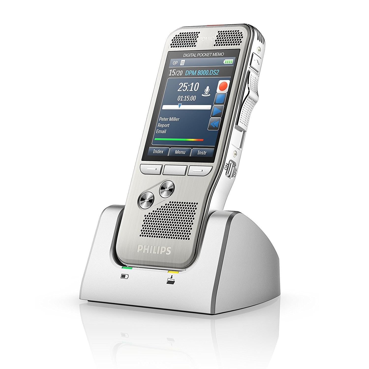Philips DPM8000 Digitales Diktiergerät, Bedienung per Schiebeschalter, 3D-Mikrofon für ausgez. Stereo-Tonaufnahmen, Farbdisplay, Edelstahlgehäuse, inkl. Diktiersoftware SpeechExec Pro 2-Jahres-ABO
