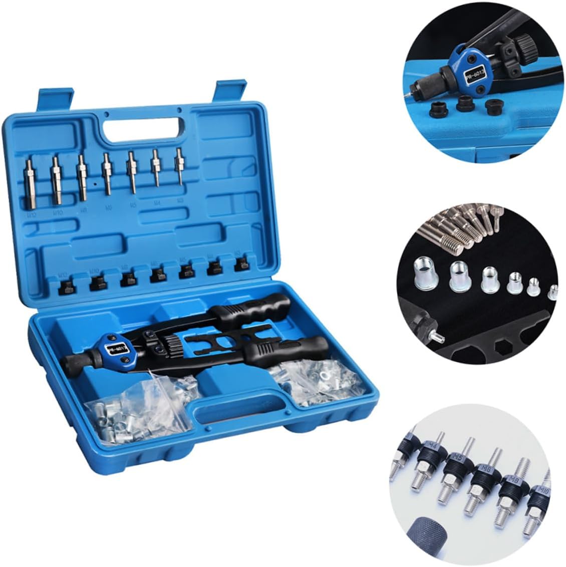 140pcs Manual Rivet Nut Tool Kit M3- Threaded Nut Setter with Mandrels Plastic Case for Automotive and Industrial Installation