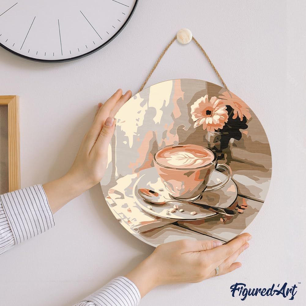 Figured'Art Paint by Numbers Kit for Adults on Wood Slice, 11.8in Diameter - Morning Coffee - Craft Art Painting DIY Canvas