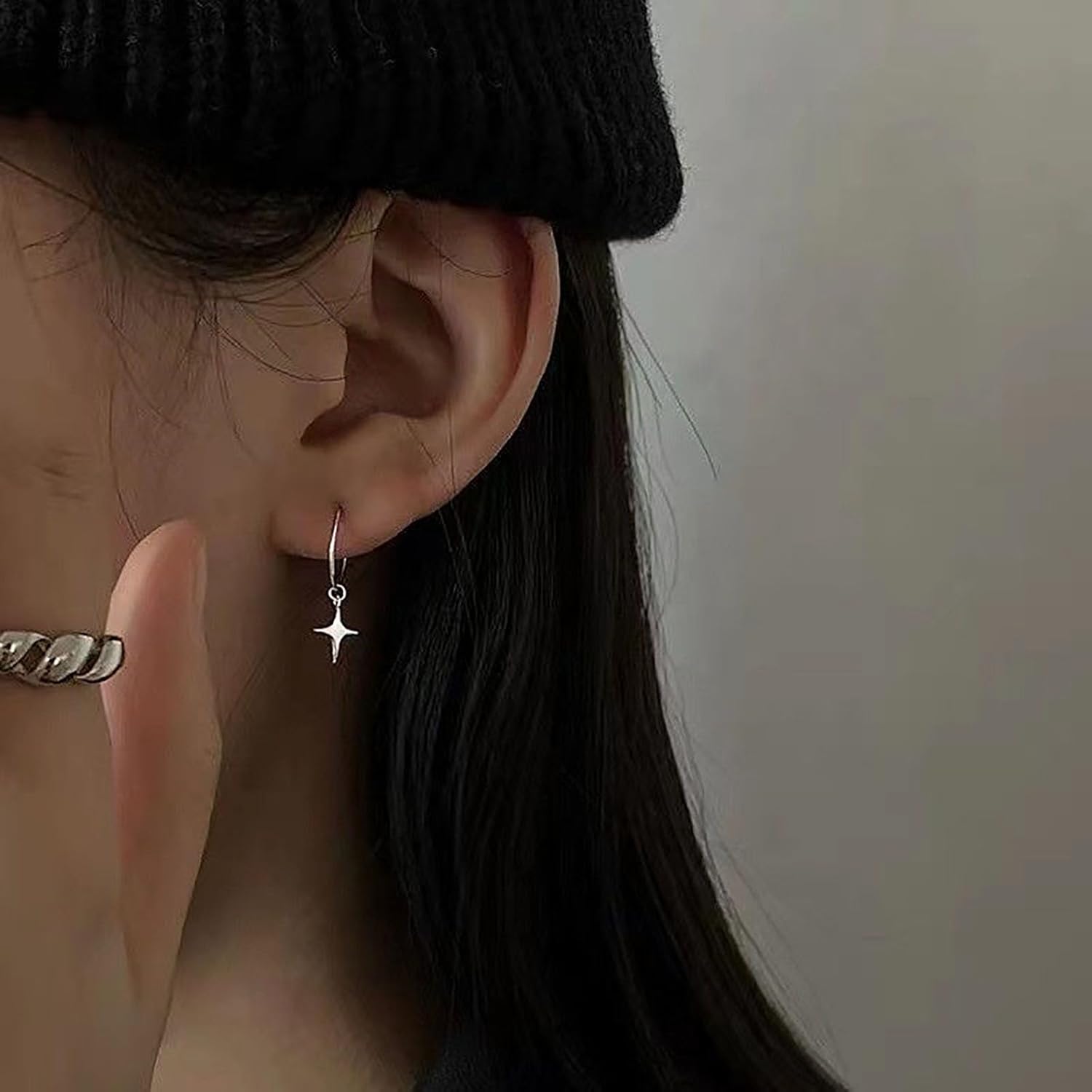 Bohemian Star Dangle Earrings Tiny Star Drop Earrings Silver Cross Hoop Earrings Minimalist Shooting Star Circle Earrings Jewelry for Women Gifts - Image 2