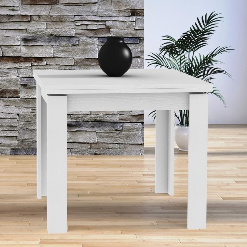 Yellowshop | Tavolo quadrato allungabile a libro “Rodi” Bianco Frassinato, Made in Italy, piano spessore 22 mm, apertura facile - 80x80 cm (chiuso) 160x80cm (aperto)
