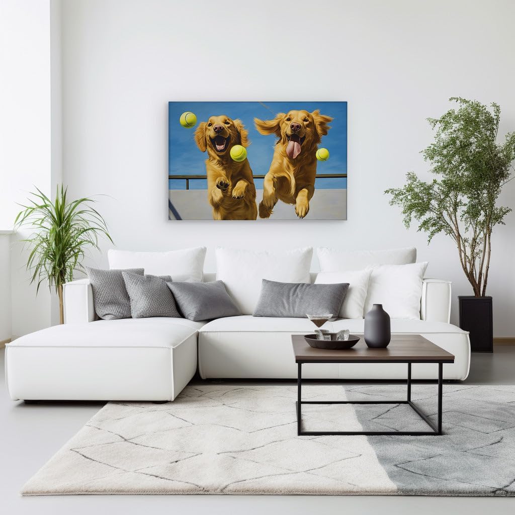 Canvas for Living room. Twin Golden Retrievers Leap for Joy Under Sunny Skies, 27 x 18 inch Canvas Wall Art - Cavalier King Charles Spaniel - Modern Home Decor