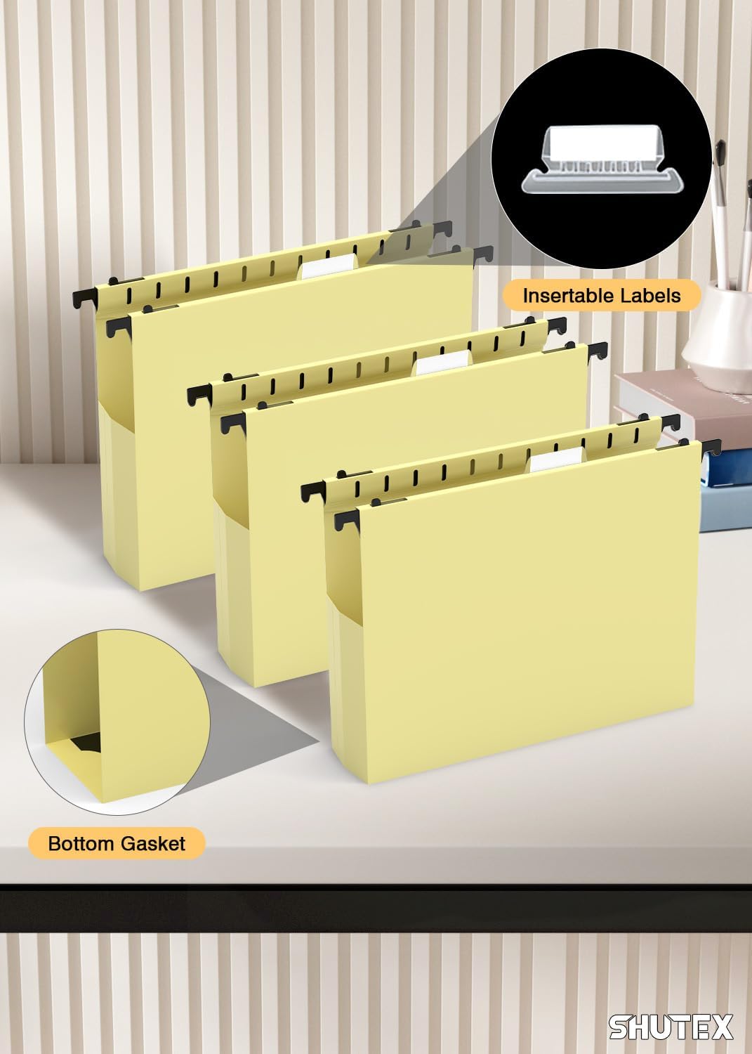 SHUTEX Extra Capacity Plastic Hanging File Folders,12 Pack Reinforced Hang Folder, Heavy Duty File Folders for Filing Cabinet for Bulk Files/Medical Charts, File Folders & Accessories(Cream Yellow)