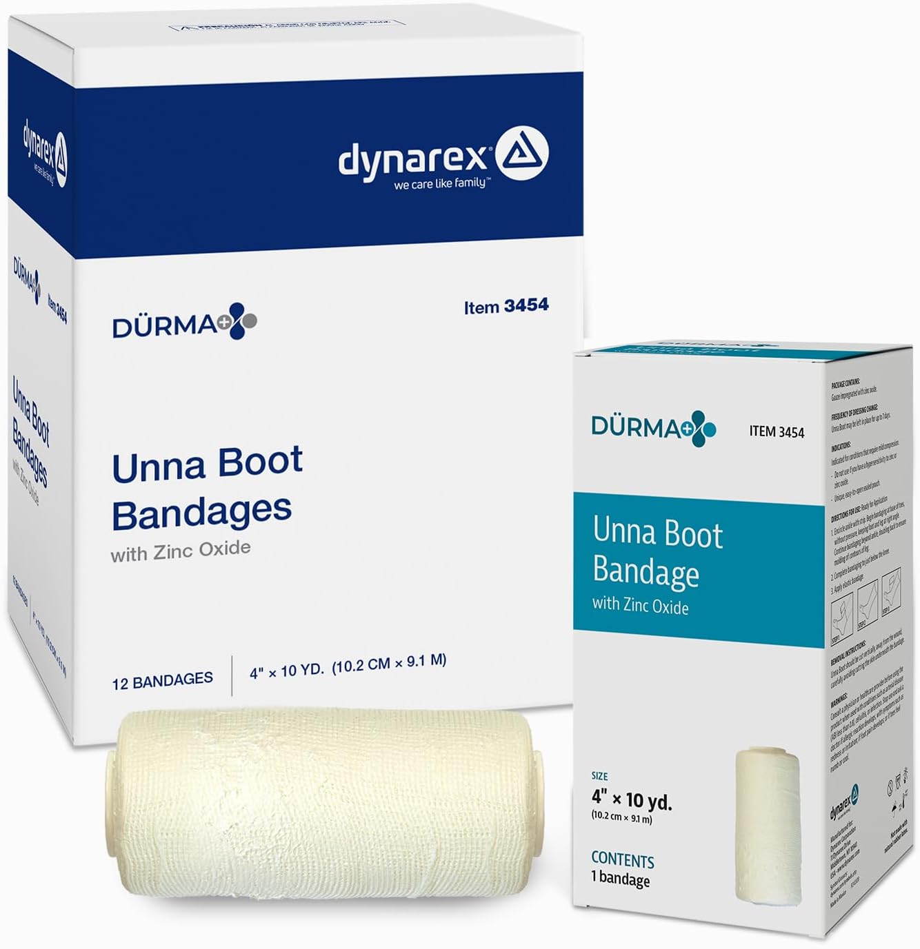 Dynarex Dürma+ Unna Boot Bandages with Zinc Oxide - Maintains Moist Environment and Provides Compression for Leg Ulcers, Edema, Sprains - 4" x 10 yds - Case of 12 Rolls