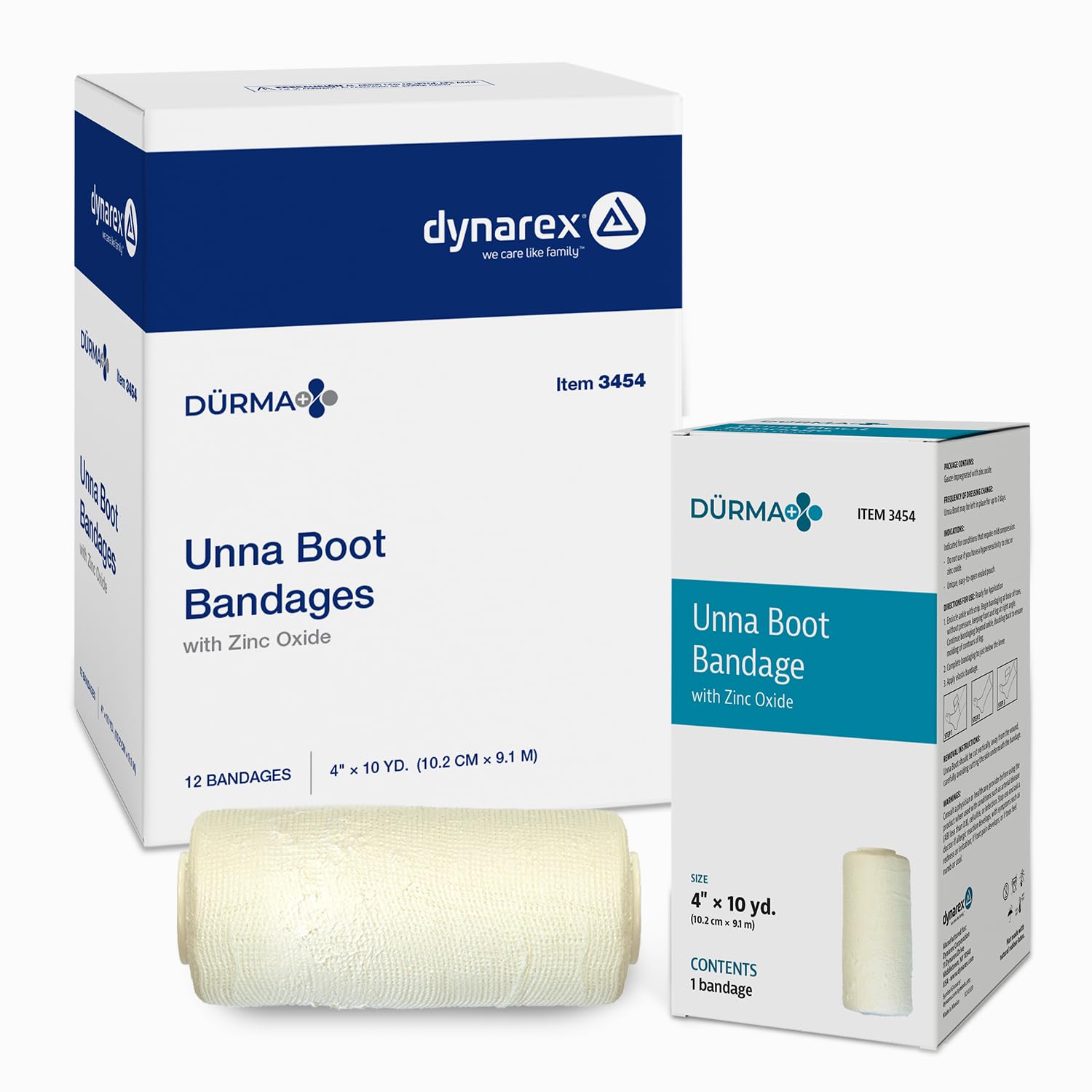 Dynarex Dürma+ Unna Boot Bandages with Zinc Oxide - Maintains Moist Environment and Provides Compression for Leg Ulcers, Edema, Sprains - 4" x 10 yds - Case of 12 Rolls