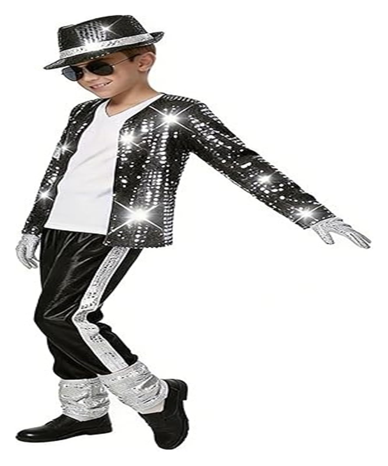 Disfraz de superestrella pop for niños, conjunto de 7 piezas, chaqueta de lentejuelas negras, pantalones, sombrero, guantes, disfraz retro de Halloween de los años 80 y 90