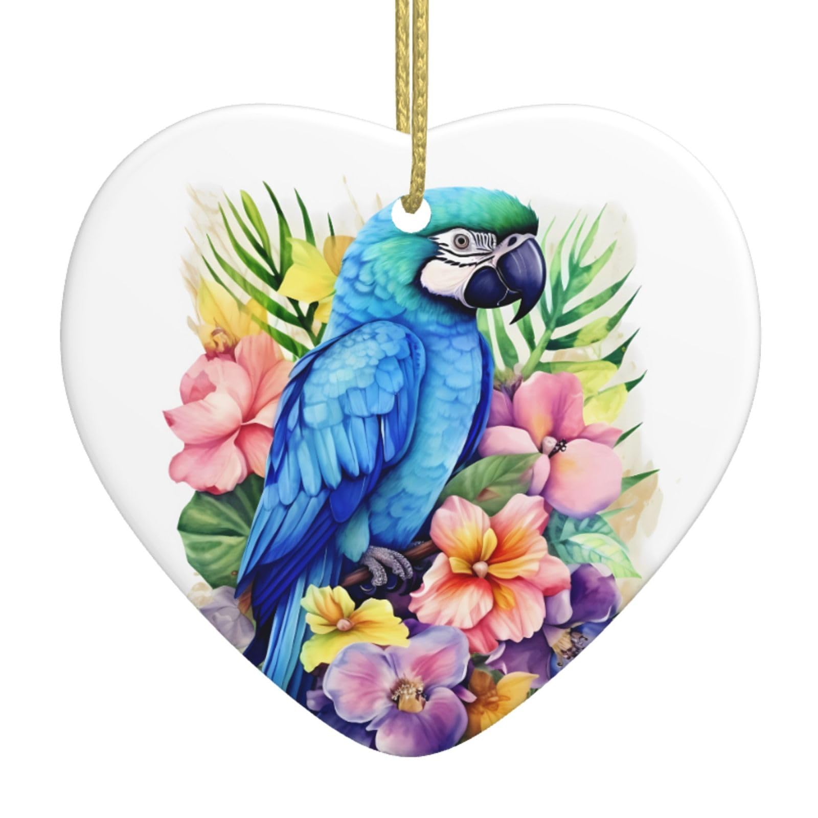 Ceramic Christmas Tree Hanging Ornaments with Gold Ropes Christmas Tree Decorations Heart Ceramic Blue Parrot in Flowers Pendant Keepsake Decorations for Holiday Xmas Gift Ideas