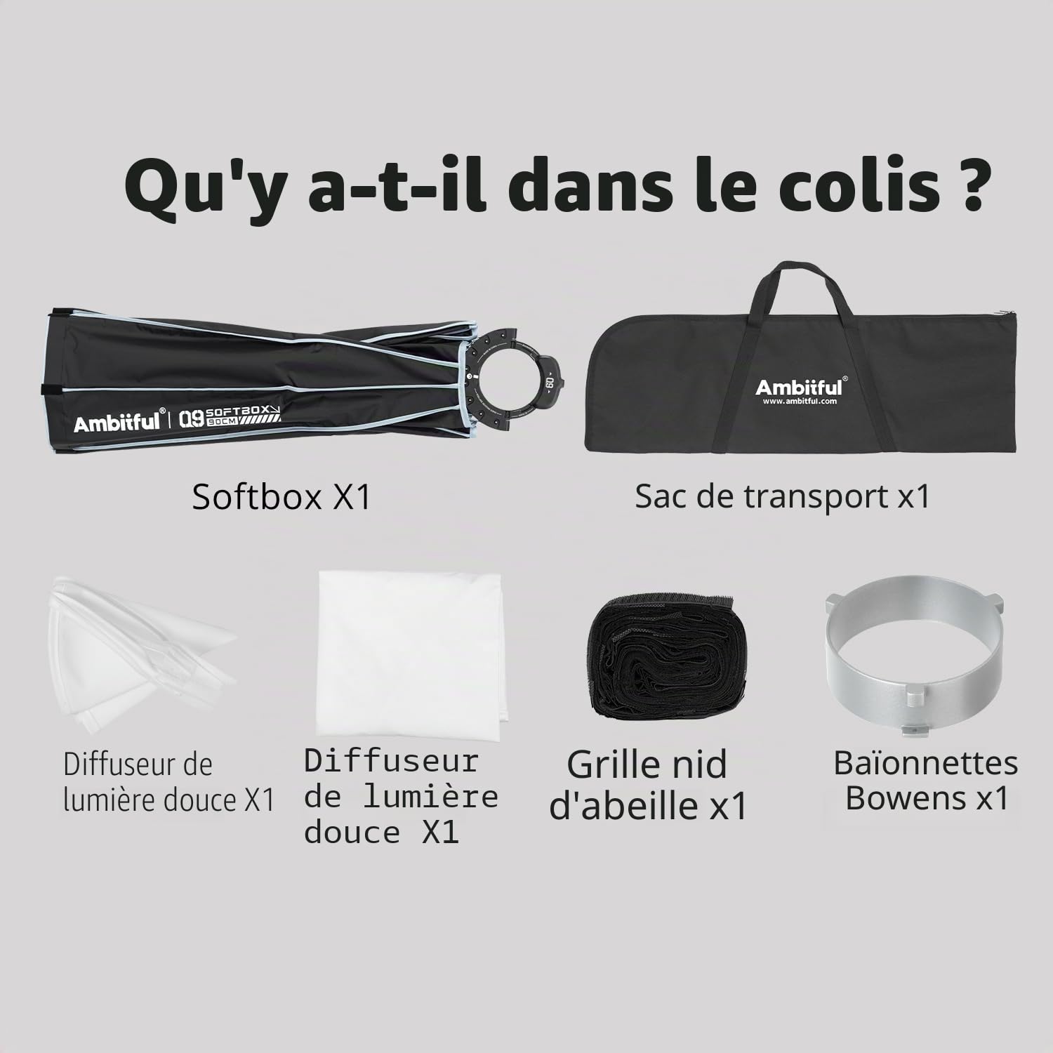 Ambitful Boîte à lumière parabolique à libération rapide de 60 cm/23,6 pouces, boîtier à grille alvéolaire hexadécagone avec monture Bowens, 2 diffuseurs et grille en nid d'abeille, sac de transport