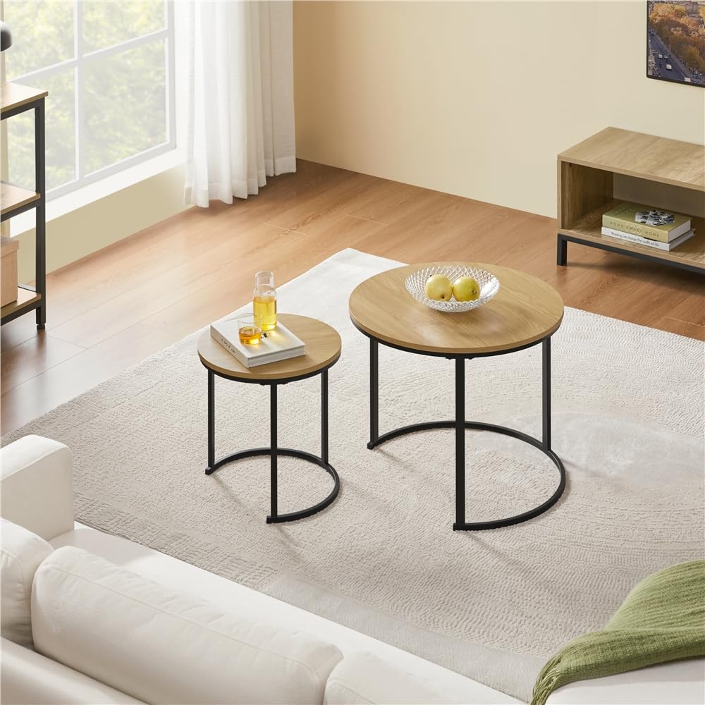 Yaheetech Juego de 2 Mesa de Centro Redonda Anidable con Patas de Metal Set 2 Mesa de Centro Nido Maderna de Café Rustica para Salón Mesa Auxiliar 60x60x50,5cm Roble Claro