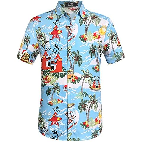 SSLR Men's Santa Claus Party Tropical Ugly Hawaiian Christmas Shirts (Large, Blue) Cover