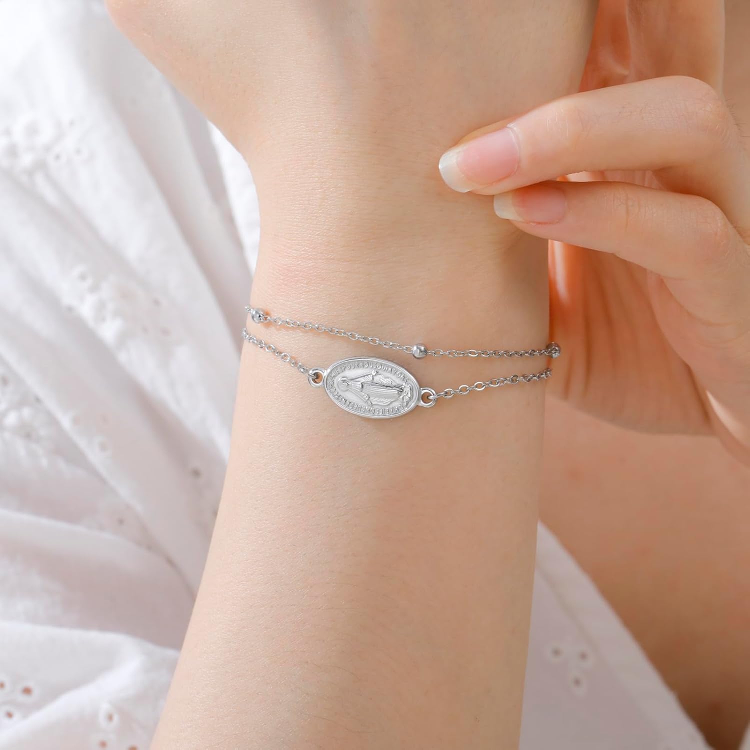 TEAMER Dainty Virgin Mary Rosary Bracelet Mother Mary Double Layer Beads Chain Bracelet Religious Faith Protection Jewelry For Women - Image 2