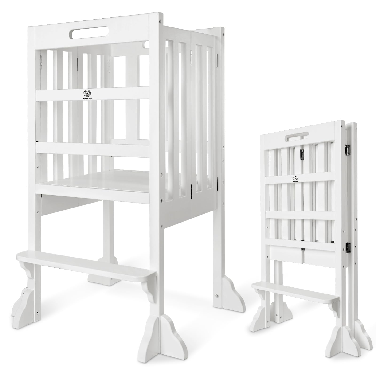 WOOD CITY Kitchen Step Stool Helper - Montessori Foldable Standing Tower for Toddlers with Safety Rail, Height Adjustable Ideal Helper for Learning New Skills, Natural Pure Pine Wood (White)