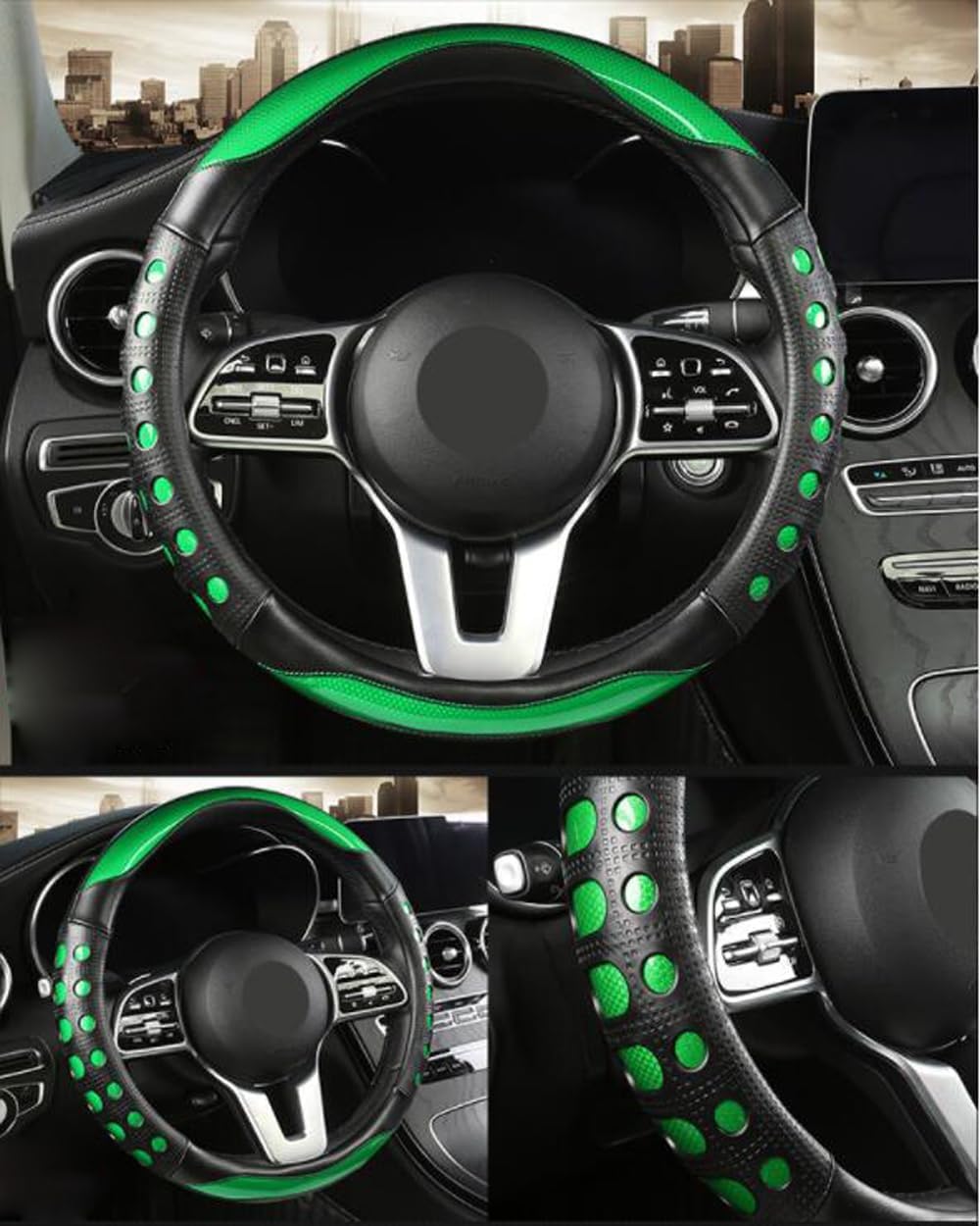 GZE Fashionable Leather Steering Wheel Cover Breathable Anti-Slip Sporty Four Seasons Universal 15 Inch Steering Wheel Cover (Green)
