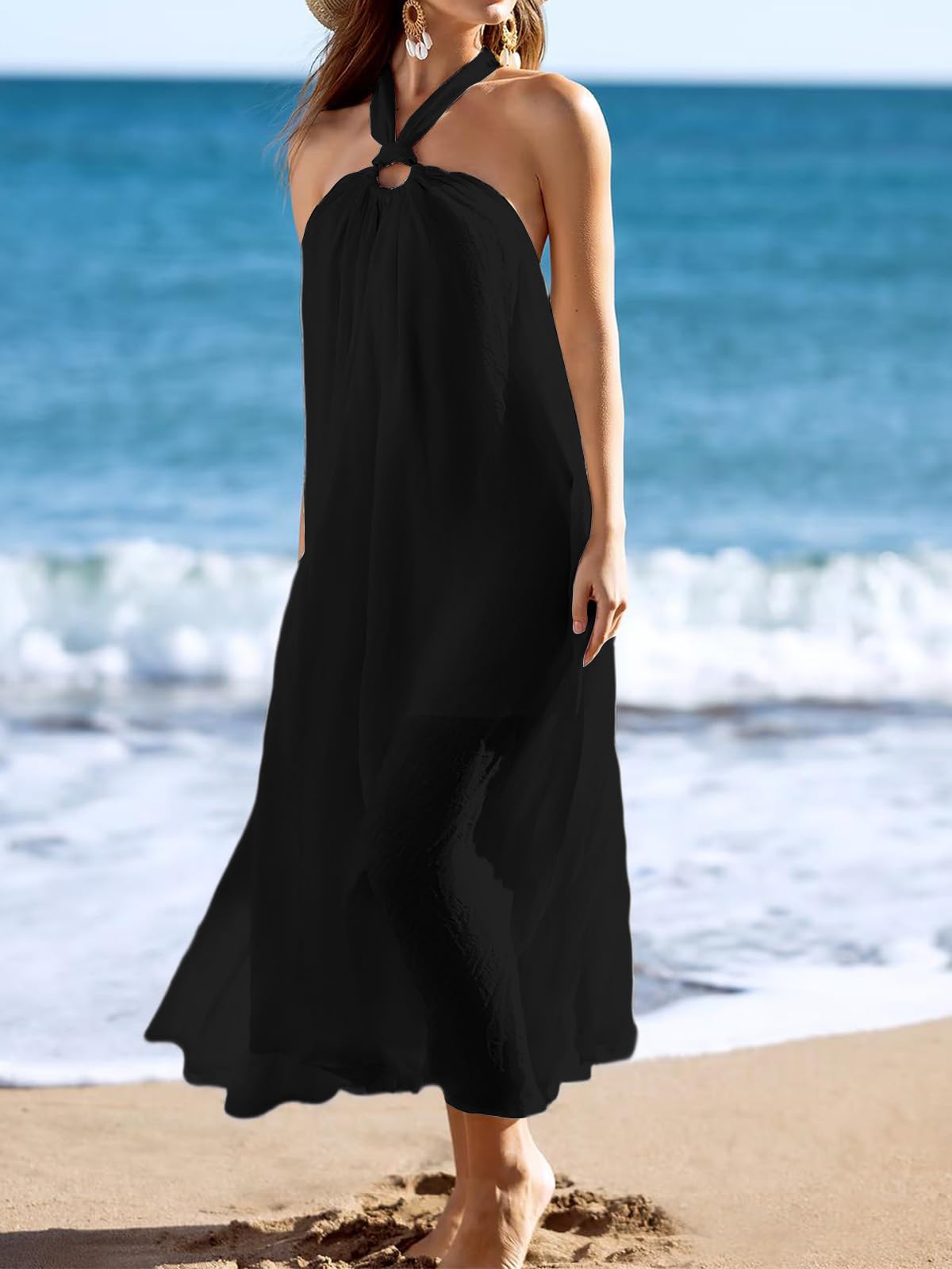 Rayson Copricostume Donna Mare Lungo Halter Curvy Abito da Spiaggia Estivo in Lino Casual Vestito Mare Elegante Senza Maniche Lunghezza Maxi