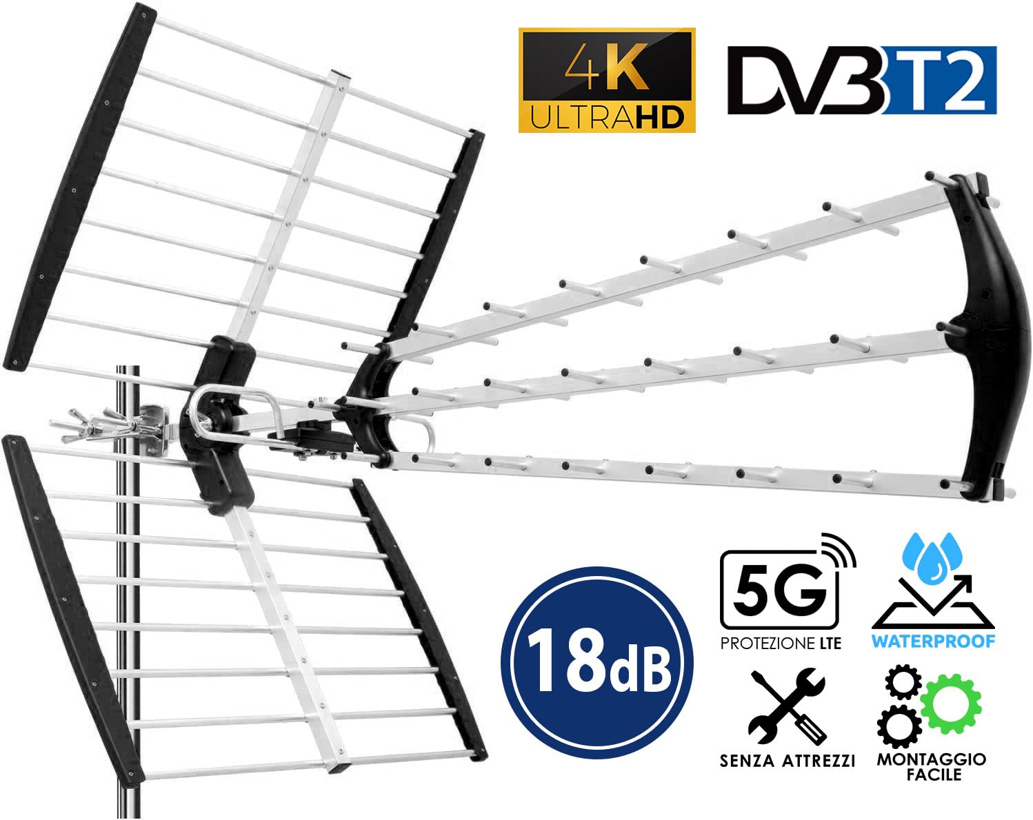 ANFEL 18db Antenna TV tripla Digitale Terrestre UHF 21-48 esterno, con filtro 5G LTE, per Ricezione il segnale Digitale Terrestre DVB-T/T2, Frequenze 470-694Mhz, Lunghezza 105cm, Nero