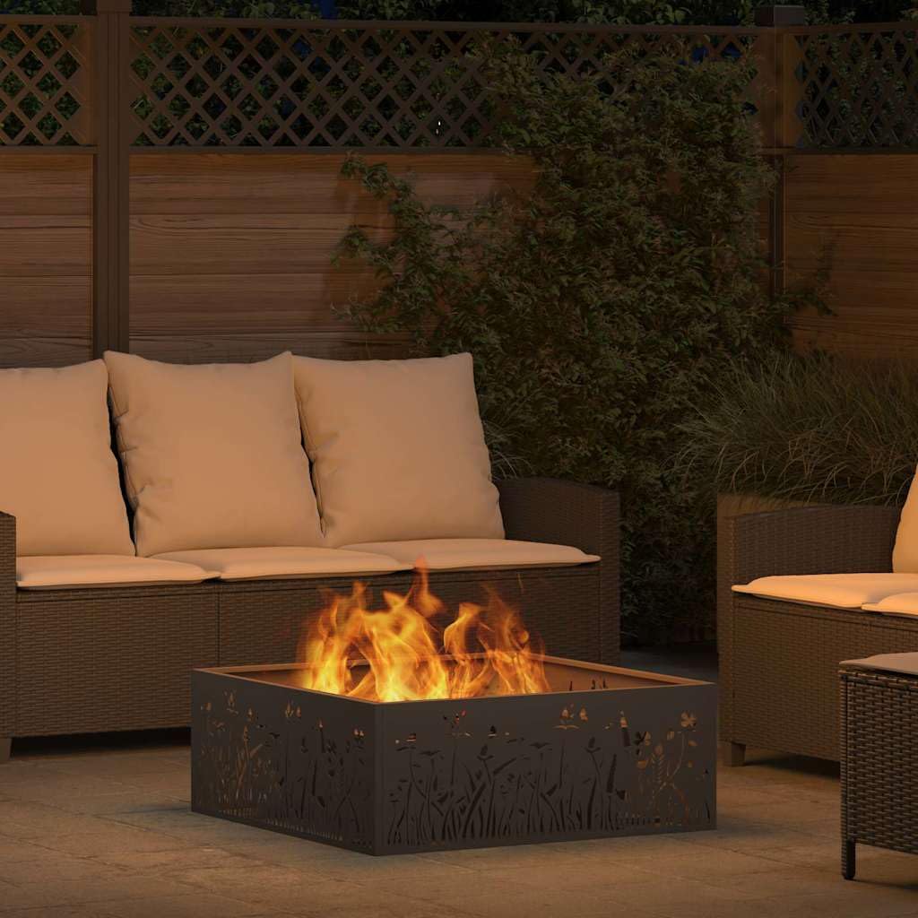 Brasero negro de acero 80 x 80 x 30 cm, resistente a la intemperie y a la corrosión, portátil para jardín y terraza, moderno brasero para noches acogedoras al aire libre
