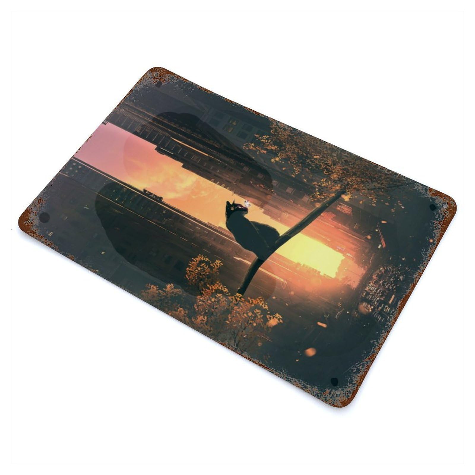 Garage Style Cat, Sunset And City Vintage Rust Metal Sign 11.8"x7.9", Rustic Home Decor for Bar And Workshop