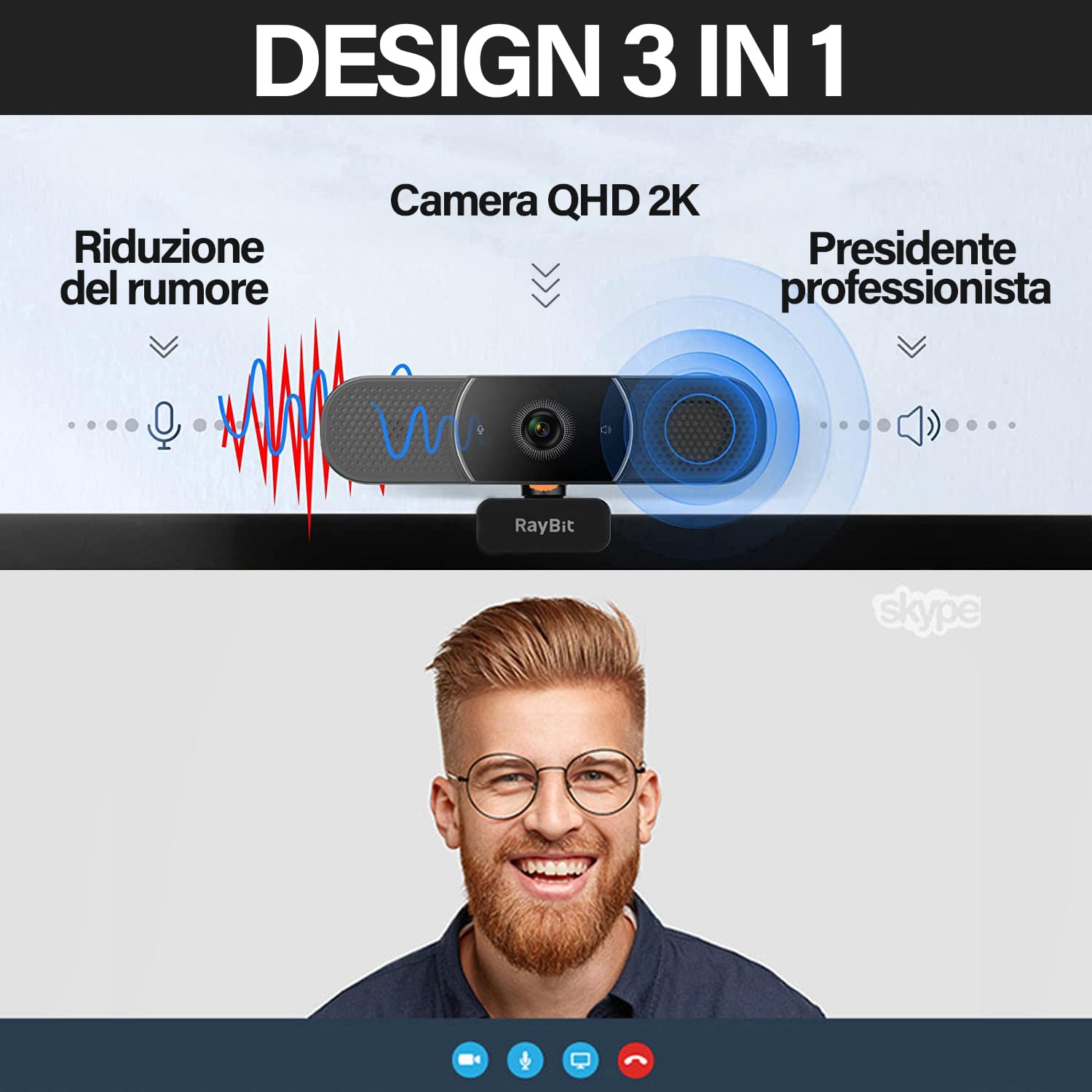 3 in 1 Webcam - 2K HD USB C Webcam con Microfono, Altoparlante e Copertura Privacy, Correzione di Luce, Autofocus Web Cam per PC/Laptop/Desktop/Zoom/Skype/Teams/Videochiamate Conferenze