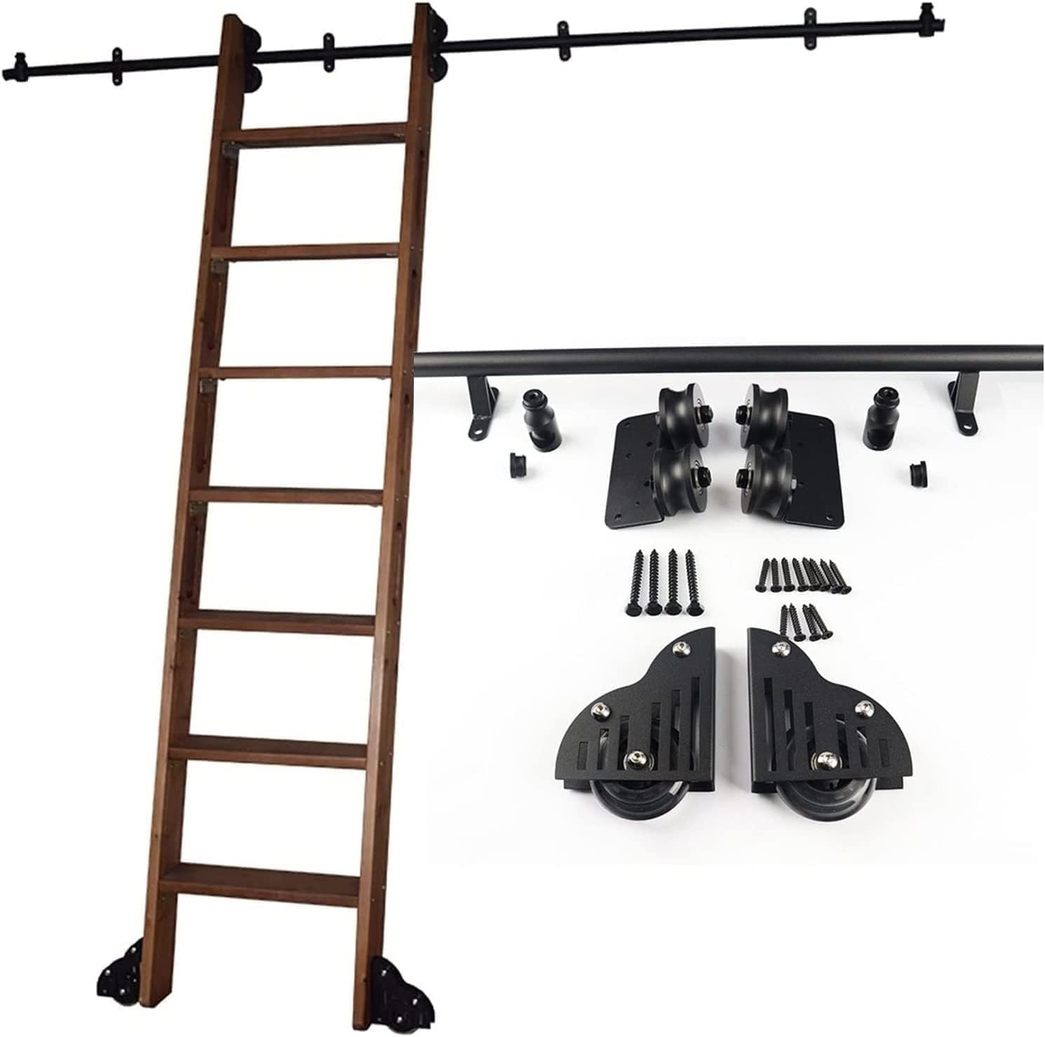 Durable Rolling Ladder Sliding Rail Track Hardware Kit | Sliding Ladder Track Rolling Library Ladder Mobile Ladder Track Kit for Home Office Roller Full Set Track Kit，10ft/300cm Track kit