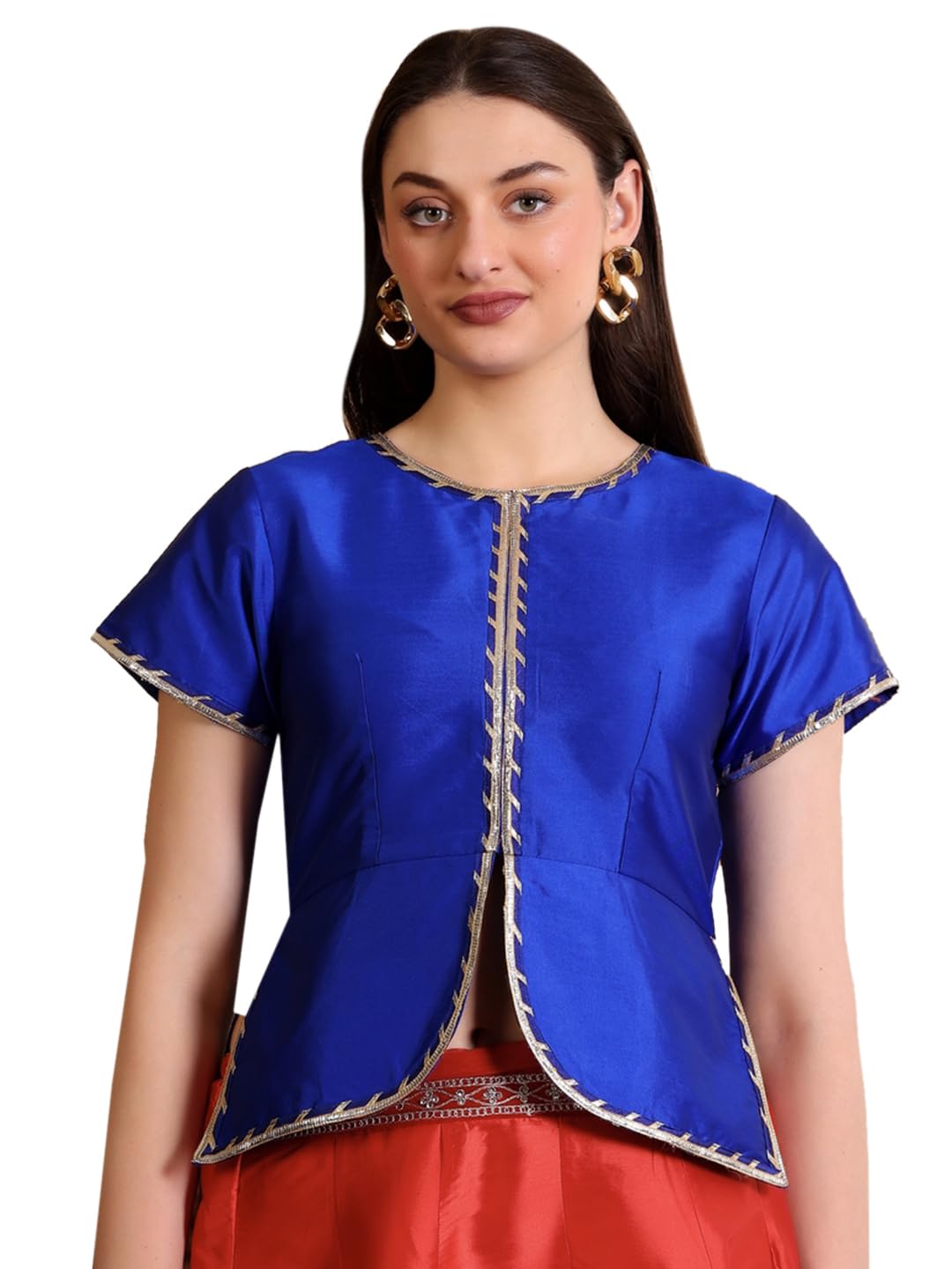 fr frolic rolic Frolic Rolic Lace Detail Solid Blue Silk Blend Round Neck Short Sleeves Blouse-picture-51