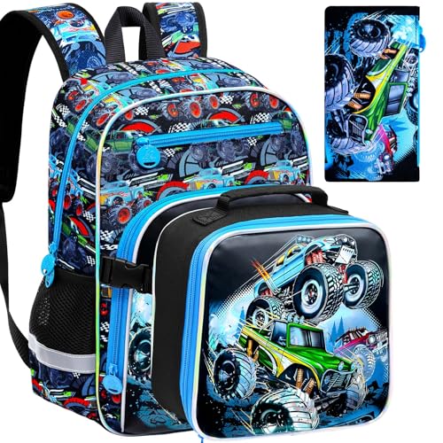 Image of WZLVO 3PCS Truck Bookbag for Boys, 16 inch Cool UV Printing Kids Preschool Backpack /School Bag with Clip-On Lunch Bag & Pencil Bag for Kids to Elementary - Truck Green