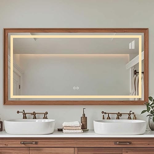 Solid Wood Frame Smart Bathroom Mirror, LED Bathroom Vanity Mirrors with 3-Color Lights, Anti-Fog,shatterproof，for Bathroom, Entryway, Bedroom, Vanitys(Walnut,70 * 90cm(28 * 35in))