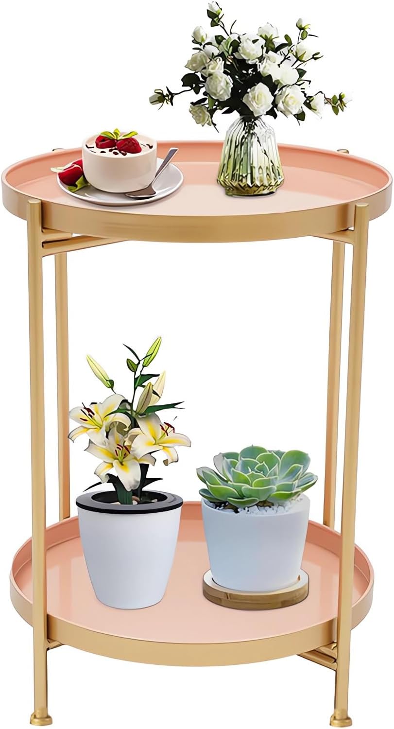 Round Side Table, 2-Tier Metal End Table with Removable Tray, Anti-Rust Folding Sofa Small Port Table Bedside Table, Small End Tables for Small Spaces Living Room (Gold Pink)