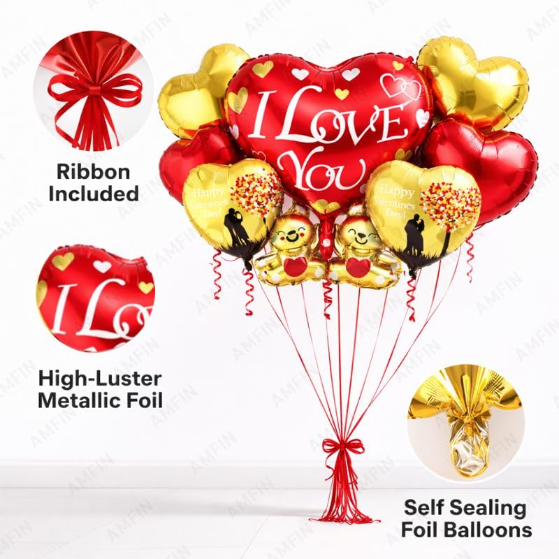 Image of AMFIN (Pack of 7) Happy Valentine's Day Foil Balloon Bouquet I Love you Teddy Heart Romantic Decoration Item - Red Gold