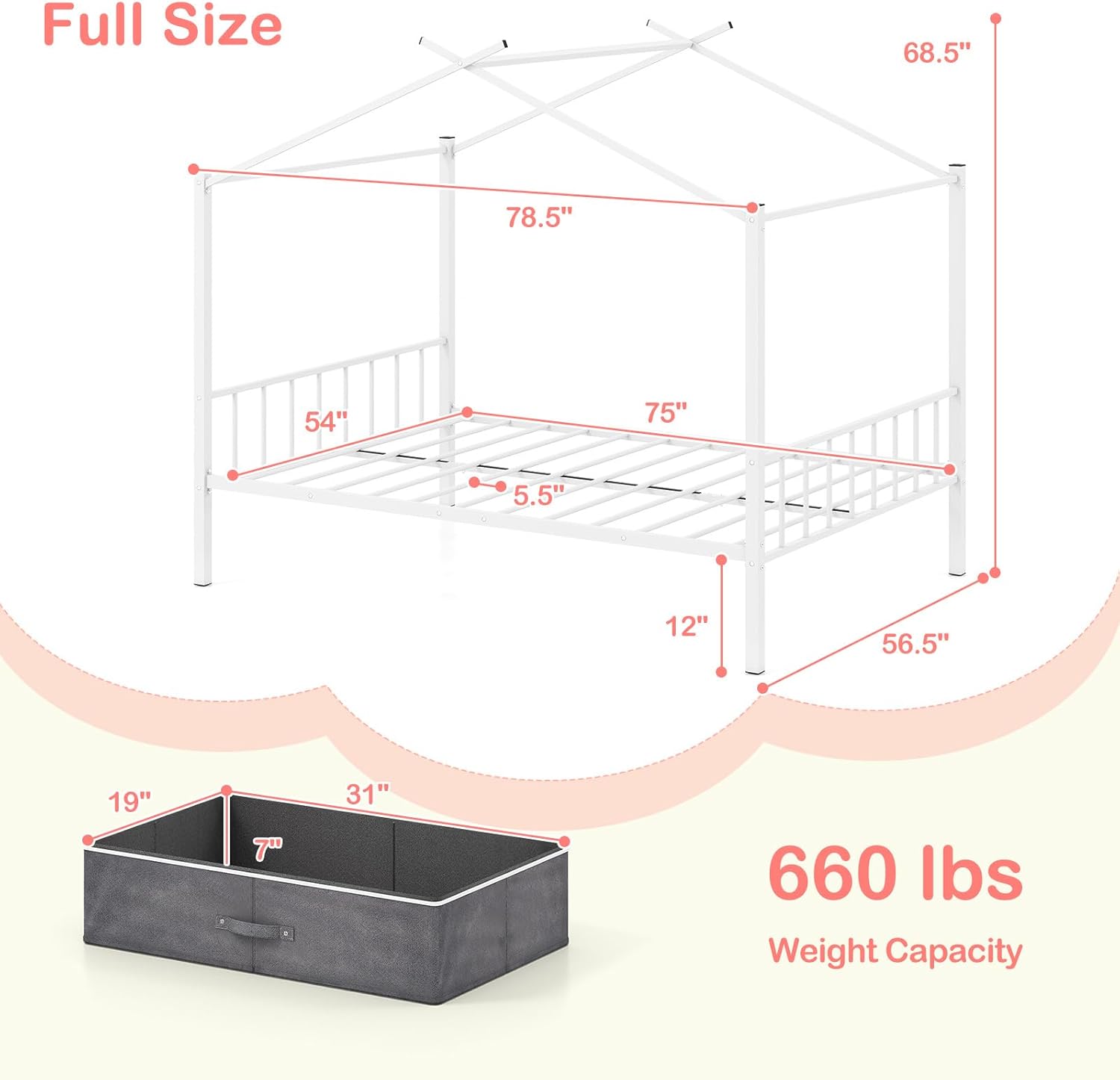 Giantex Full Size House Bed with 2 Storage Drawers, Metal Montessori Bed Frame with Headboard & Footboard, Full House Beds for Kids Girls Boys, No Box Spring Needed, Noise Free (White)