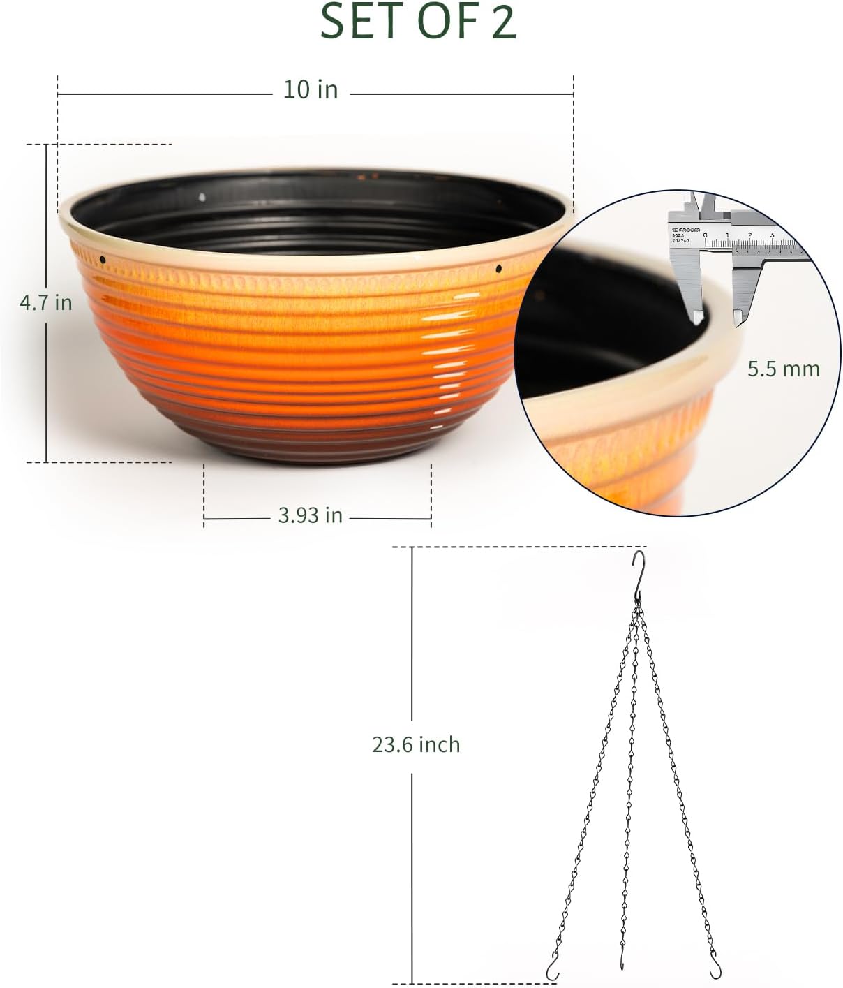 Vanslogreen 2 Pack Hanging Planters for Indoor Outdoor Plants, 10 Inch Hanging Planter with Drainage Hole & Plug Glazed Hanging Baskets Flower Pots for Garden Home, Orange