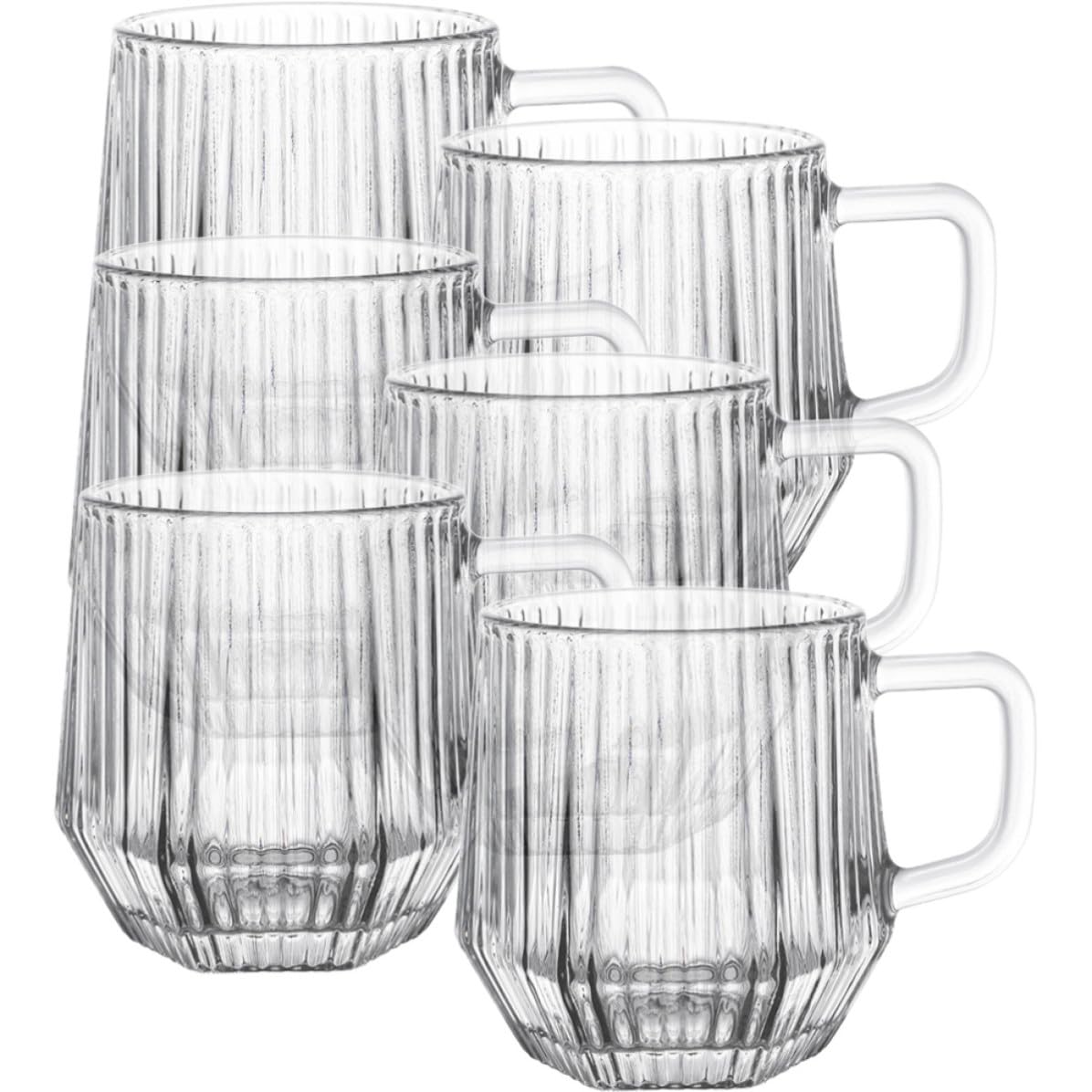 POPETPOP Set da 6 Tazze da Caffè in Vetro con Manico, Design Classico a Strisce Verticali, Facili da Pulire, per Bevande Calde in Casa