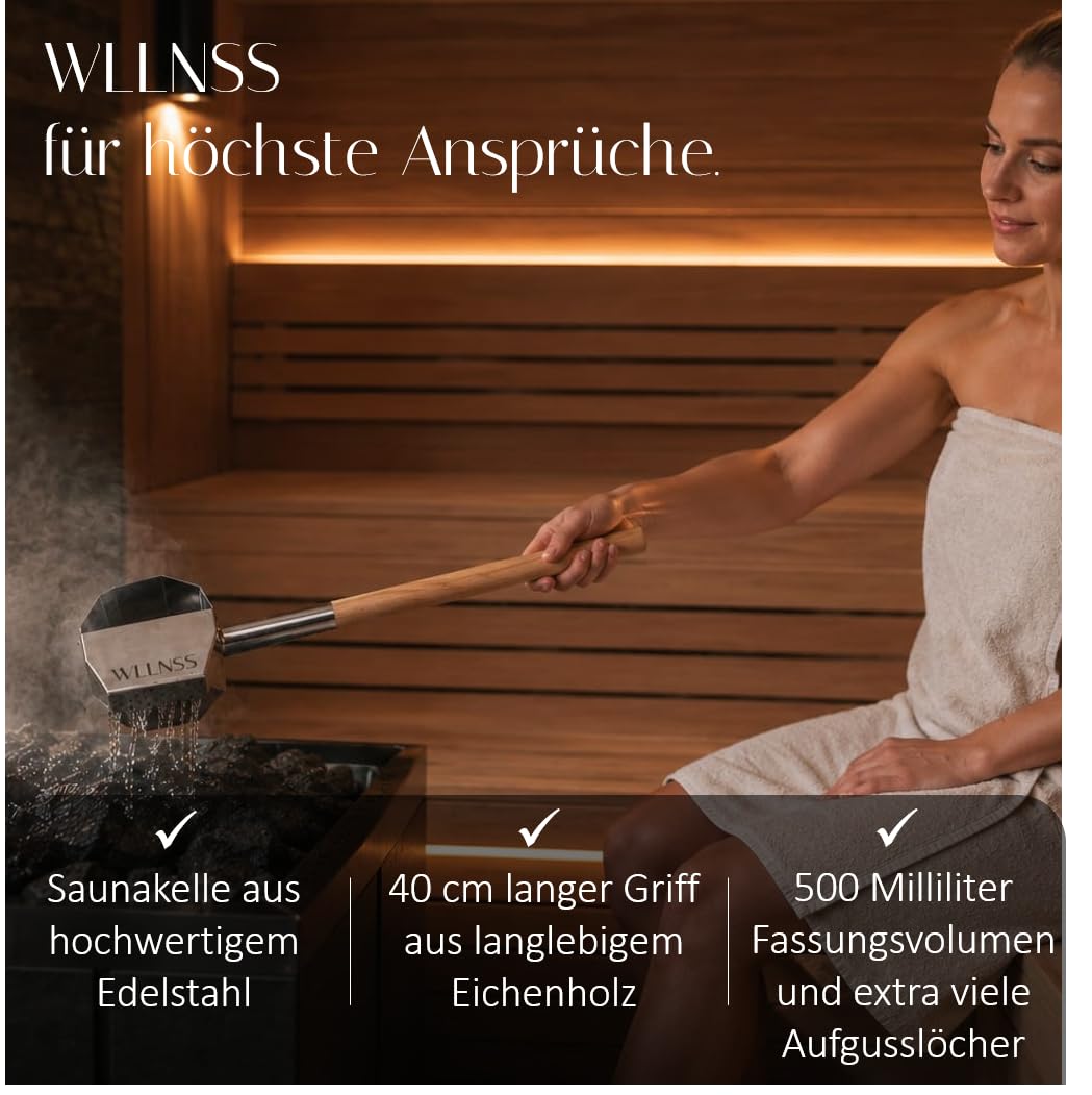 Saunakelle mit Regeneffekt 500 ml – Große Edelstahl Aufgusskelle mit langem Holzgriff – Gleichmäßiger Saunaaufguss – Premium Sauna Zubehör im Geschenk Beutel