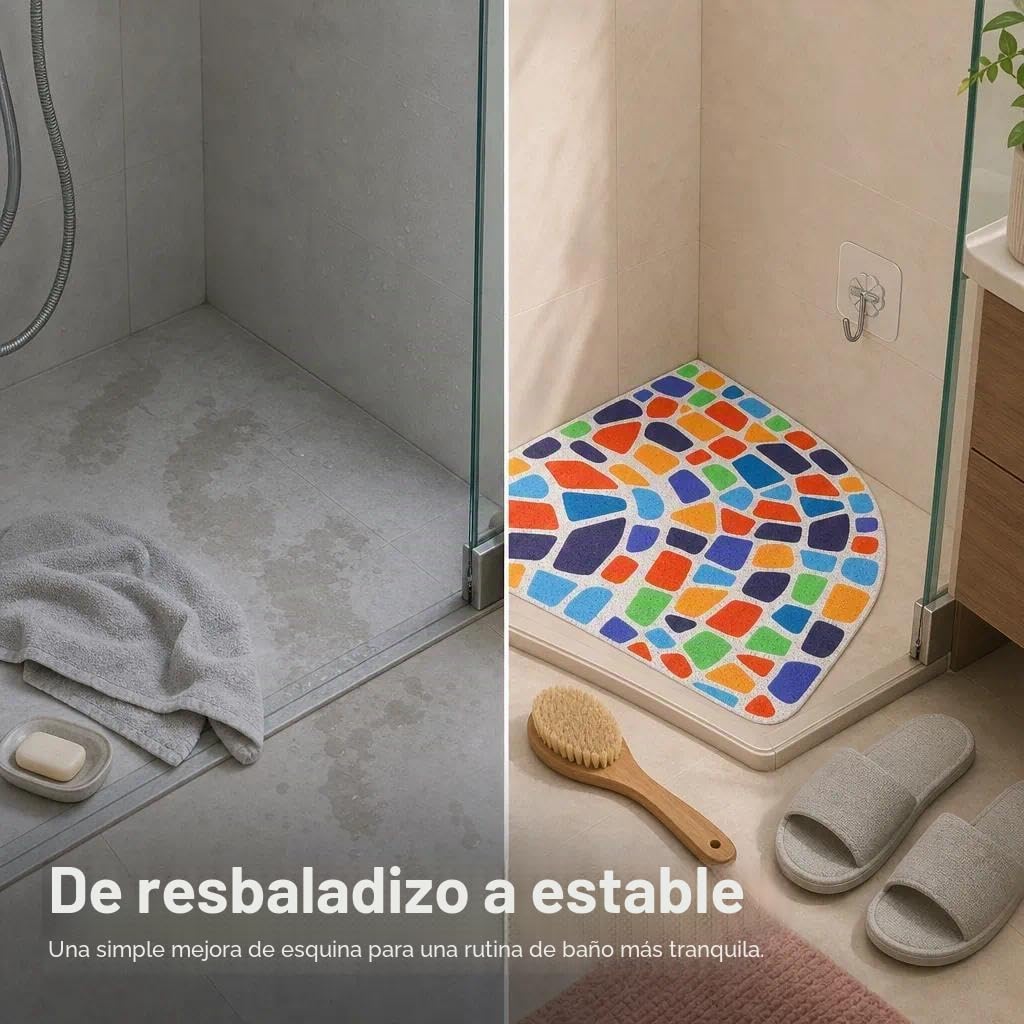 Alfombra de Ducha de Esquina Antideslizante y antimoho, Lavable con Orificios de Drenaje, Alfombra Curva de PVC 60x60 cm