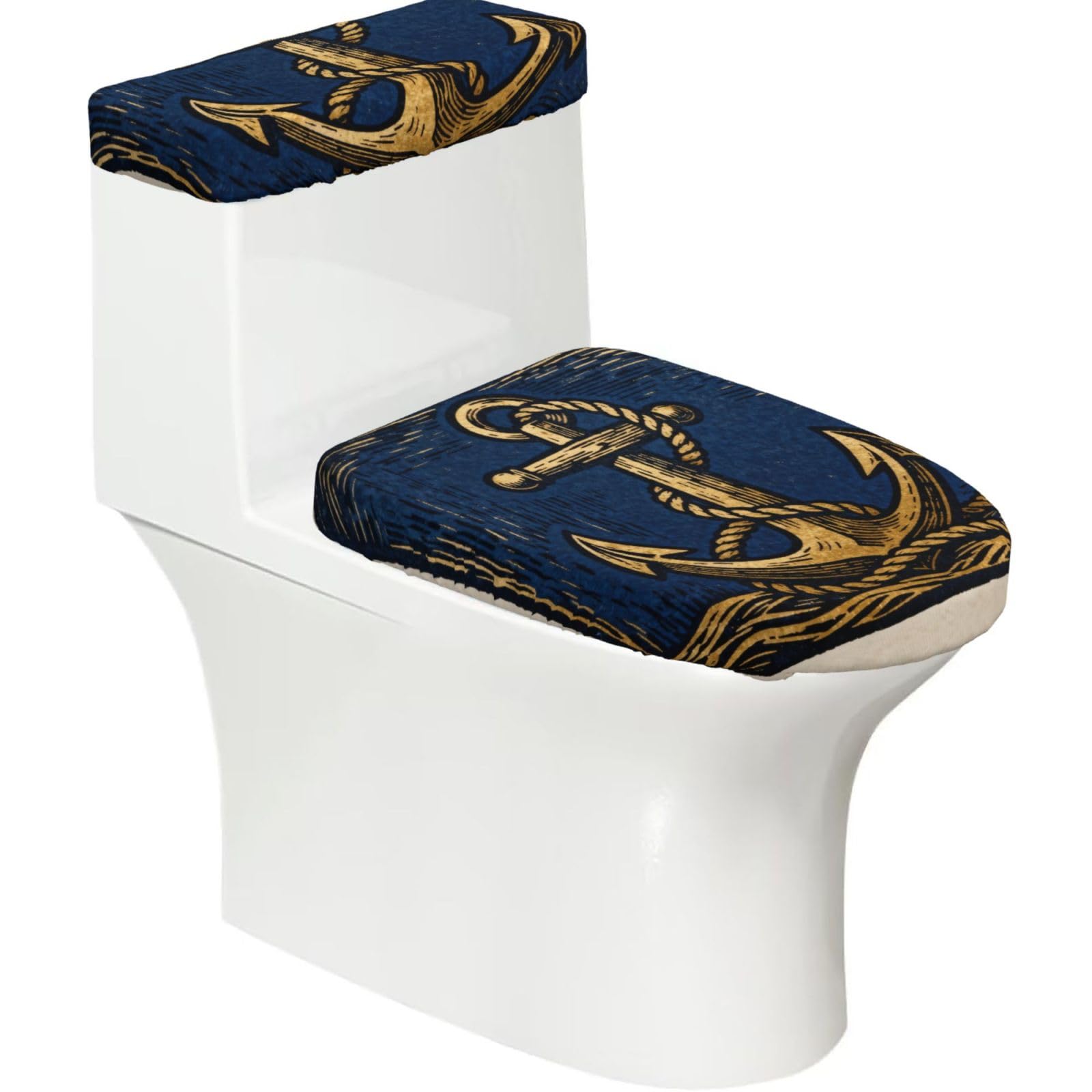 Anchor Rope Knot Elastic Toilet Cover Set of 2-Stretchy Lid and Tank Covers for Bathroom, Soft Washable U Shape Toilet Decor