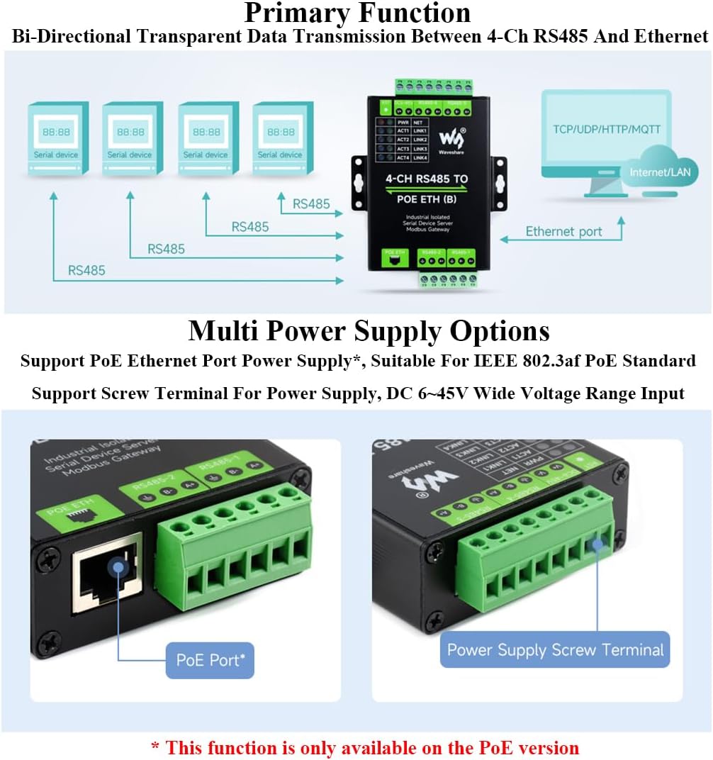 Waveshare 4-Ch RS485 to RJ45 Ethernet Serial Server, 4 Channels RS485 Independent Operation, Rail-Mount Industrial Isolated Serial Module, Bi-Directional Transparent Transmission, Modbus Gateway