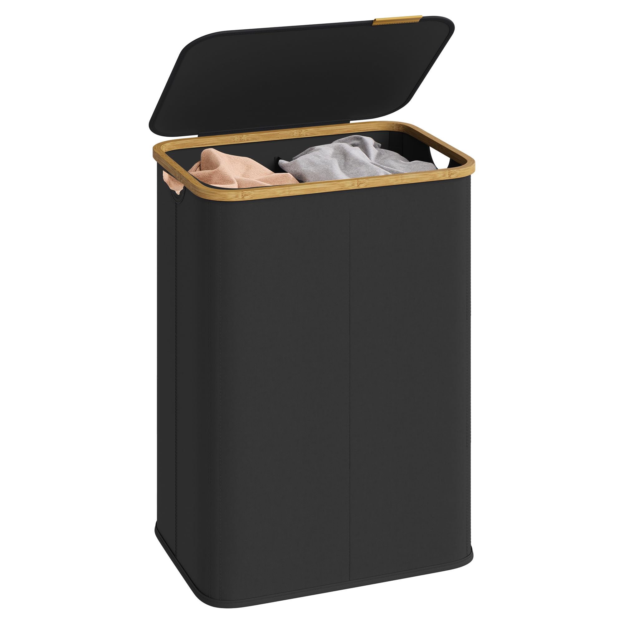 SONGMICS Laundry Basket with Lid, 2-Compartment Laundry Hamper, Oxford Fabric, Foldable, Bamboo Frame, for Bedroom, Living Room, 37 Gal. (140 L), 52 x 38.5 x 70.5 cm, Ink Black LCB519BH01