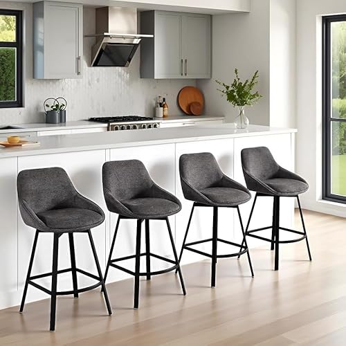 Zesthouse Swivel Counter Height Stools Set of 4, Modern Upholstered Barstools with Backs, 26'' Linen Fabric Counter Height Bar Stools, Metal High Chairs for Island Kitchen, Dark Grey