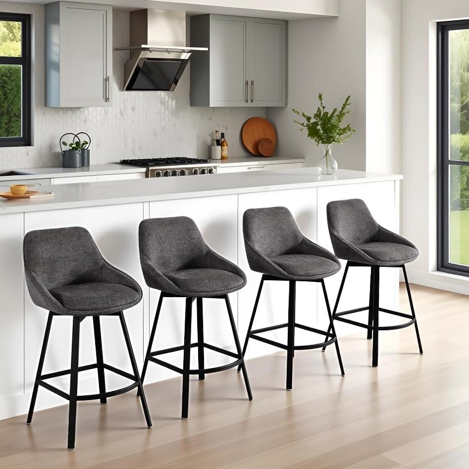 Image of Zesthouse Swivel Counter Height Stools Set of 4, Modern Upholstered Barstools with Backs, 26'' Linen Fabric Counter Height Bar Stools, Metal High Chairs for Island Kitchen, Dark Grey